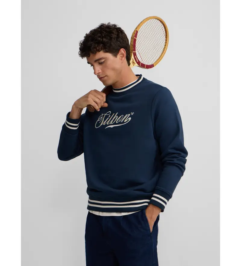 per uomo 133892 Felpa retrò con scritta blu navy (S), Casual, Cotone