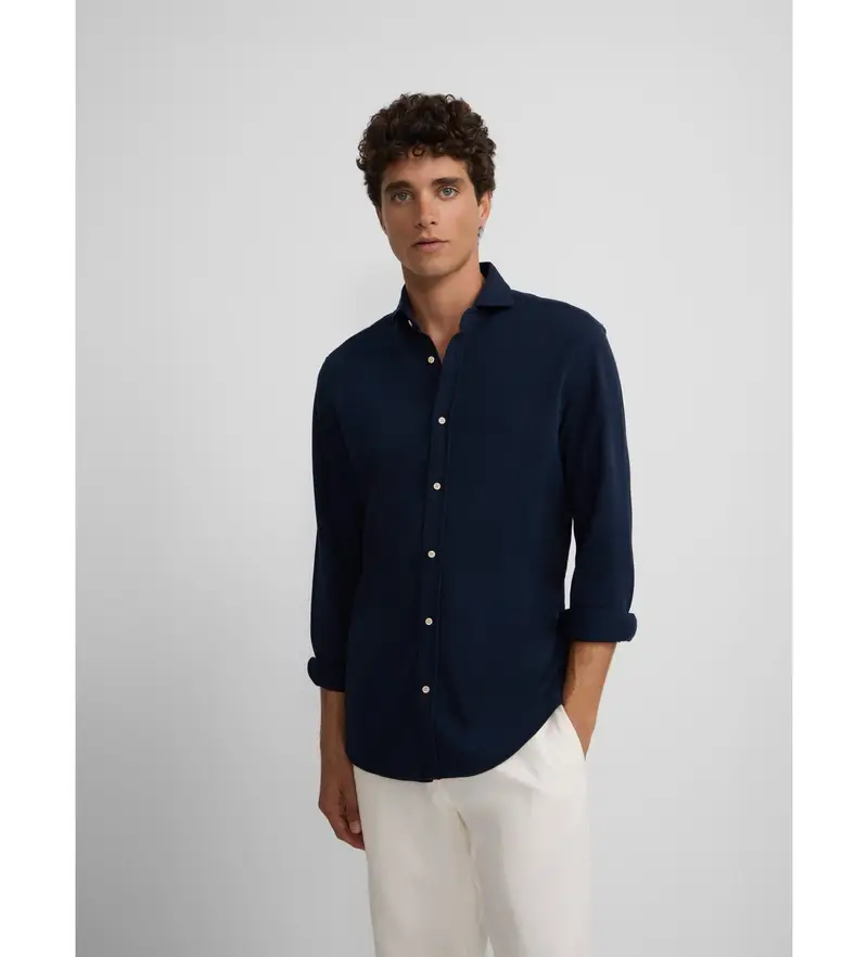 per uomo 134162 Camicia sportiva comfort in micropiqué blu navy (S), Casual, Cotone, Manica lunga