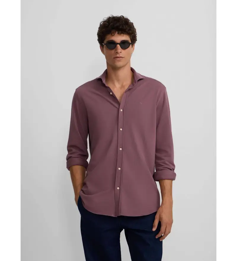 per uomo 134164 Camicia sportiva comfort in micropiqué bordeaux (S), Casual, Cotone, Manica lunga