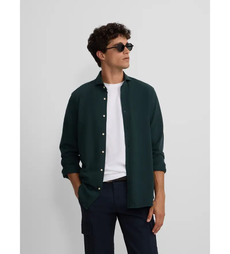 per uomo. 134165 Camicia sportiva in micropiqué verde comfort (S), Casual, Cotone, Manica lunga