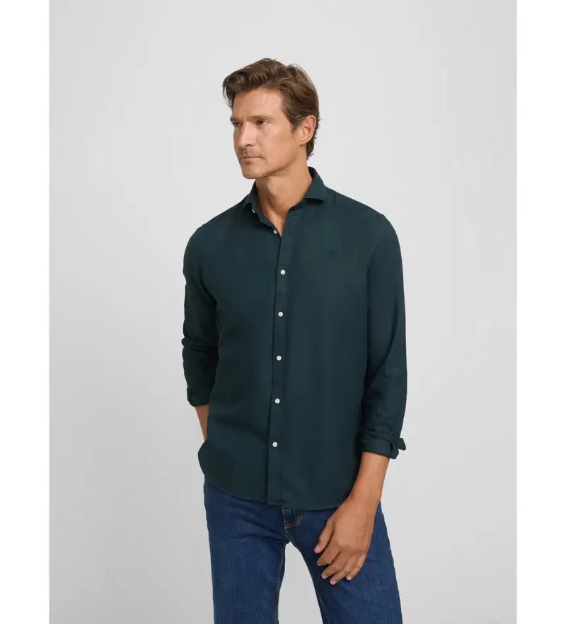 per uomo. 134170 camicia sportiva verde con motivo a spina di pesce (S), Casual, Cotone, Manica lunga