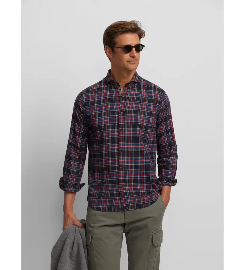 per uomo 134176 Camicia sportiva a quadri scozzesi bicolore, blu e bordeaux (S), Casual, Cotone, Manica lunga, Navy