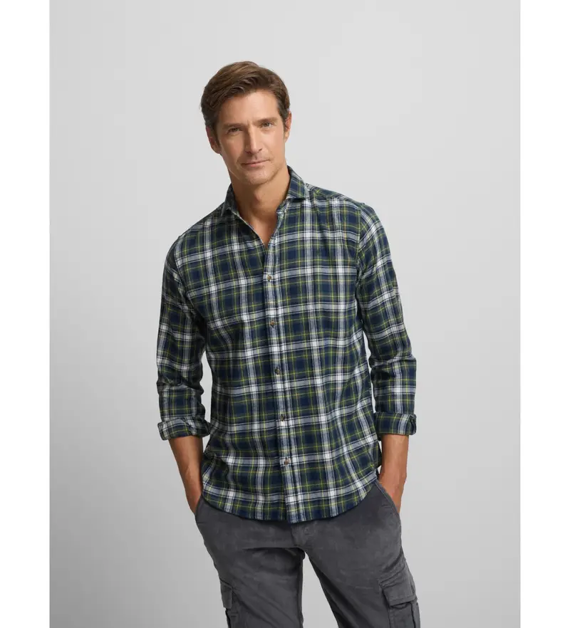 per uomo 134177 Camicia sportiva a quadri scozzesi bicolore blu e verde (S), Casual, Cotone, Manica lunga
