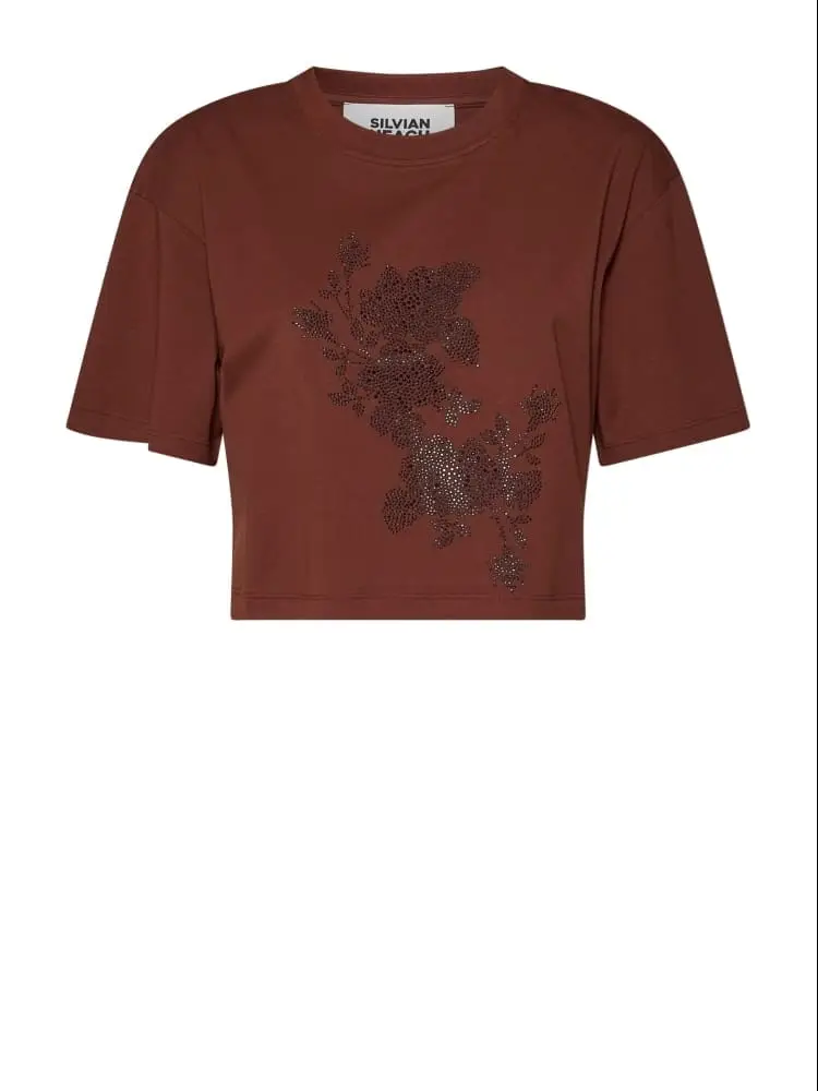 t-shirt maniet in cotone con decorazione strass