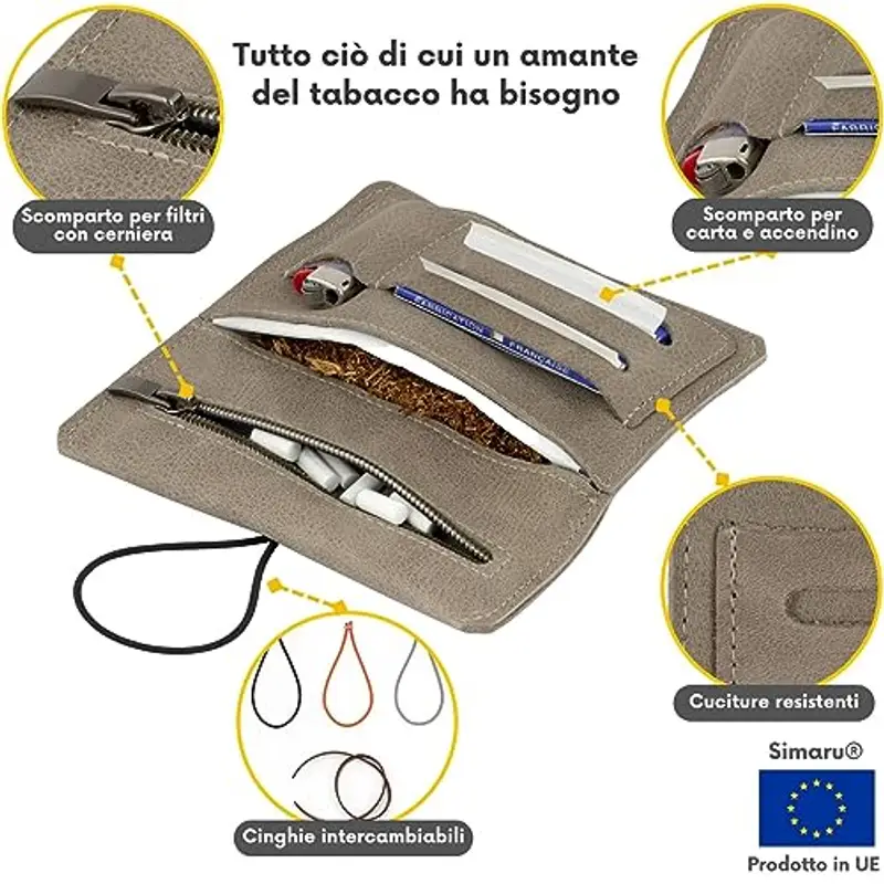 SIMARU Astuccio Porta Tabacco in Vera Pelle con Scomparti per Cartine, Filtri e Accendino - Lavorato a Mano, Pratico e miniatura 3