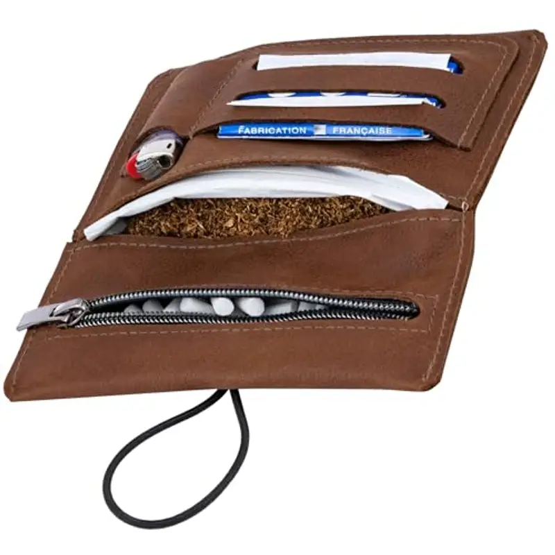 Simaru Porta Tabacco in Vera Pelle Astuccio Grigio con Scomparti per Cartine, Filtri e Accendino - Lavorato a Mano,
