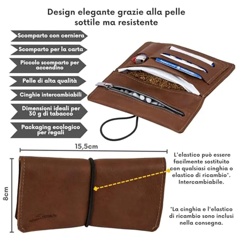 Simaru Porta Tabacco in Vera Pelle Astuccio Grigio con Scomparti per Cartine, Filtri e Accendino - Lavorato a Mano miniatura 2