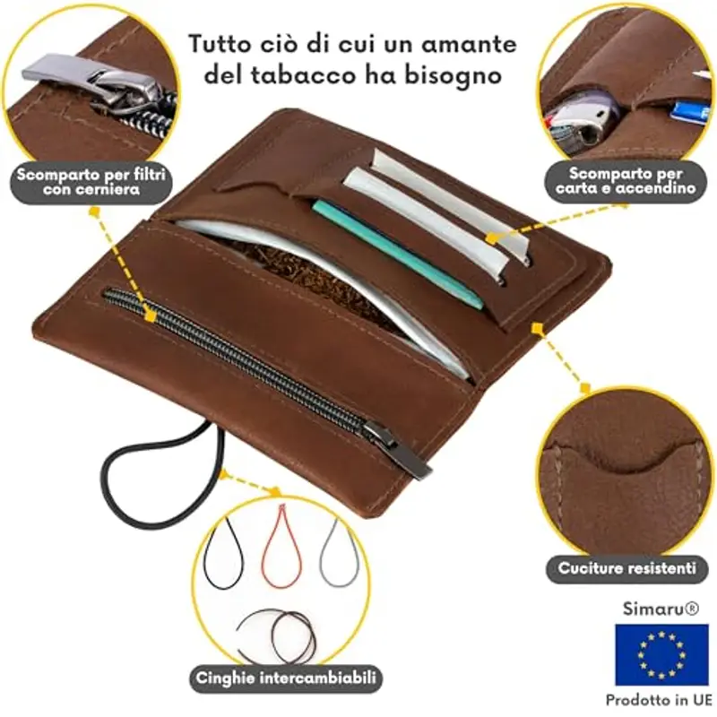 Simaru Porta Tabacco in Vera Pelle Astuccio Grigio con Scomparti per Cartine, Filtri e Accendino - Lavorato a Mano miniatura 3