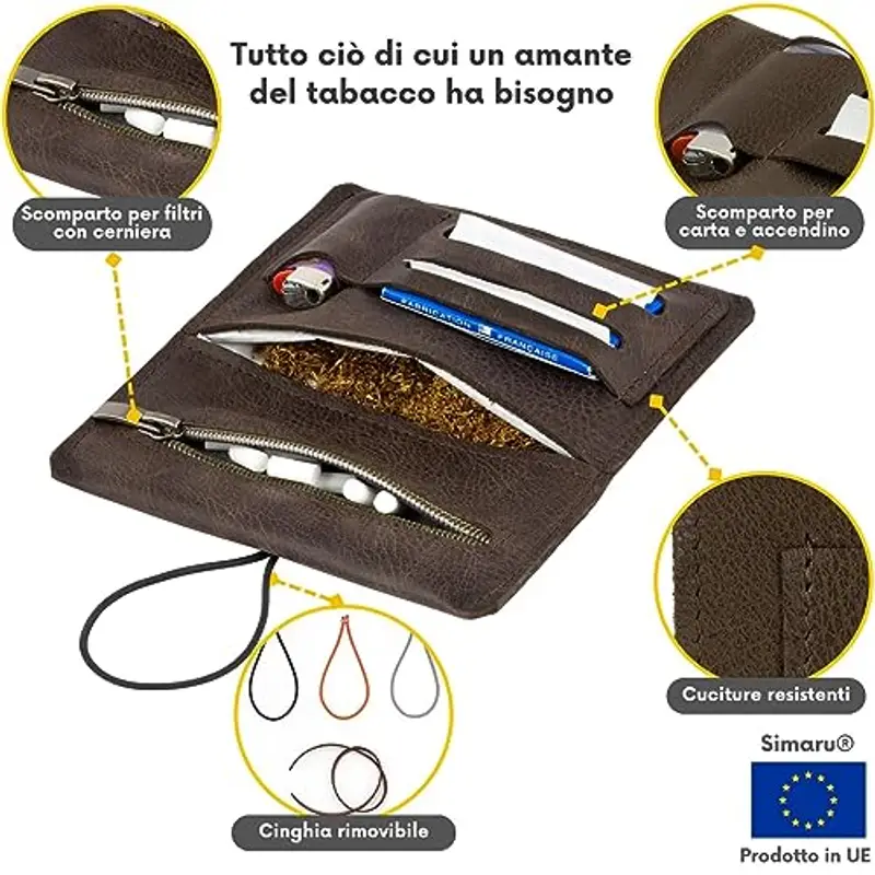 Simaru Porta Tabacco Vera Pelle - Porta Tabacco Cartine e Filtri con Scomparto Extra per Accendino - Portatabacco Uomo miniatura 3