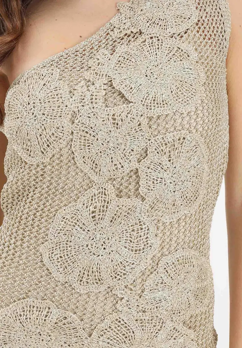 Abito corto monospalla oro da donna in maglia lavorata con inserti floreali miniatura 3