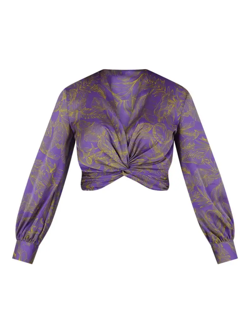 Blusa crop viola a fantasia con nodo raso miniatura 3