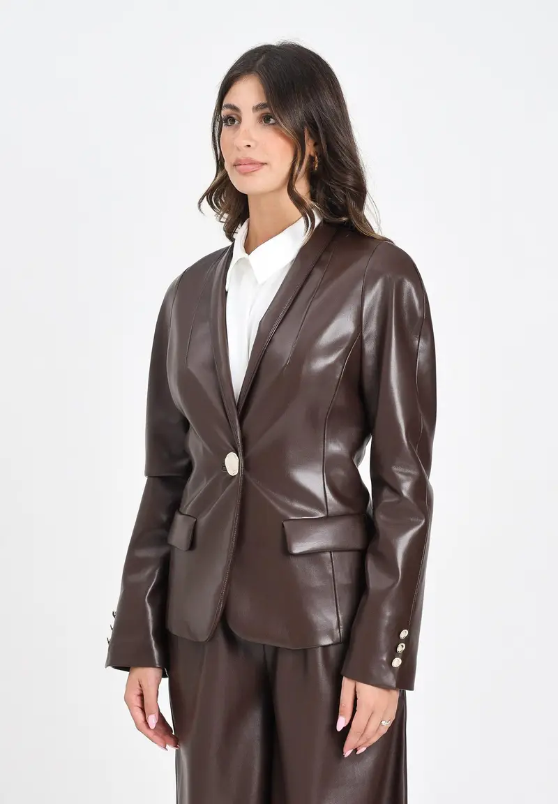 SIMONA CORSELLINI Giacca in eco-pelle color cioccolato da donna