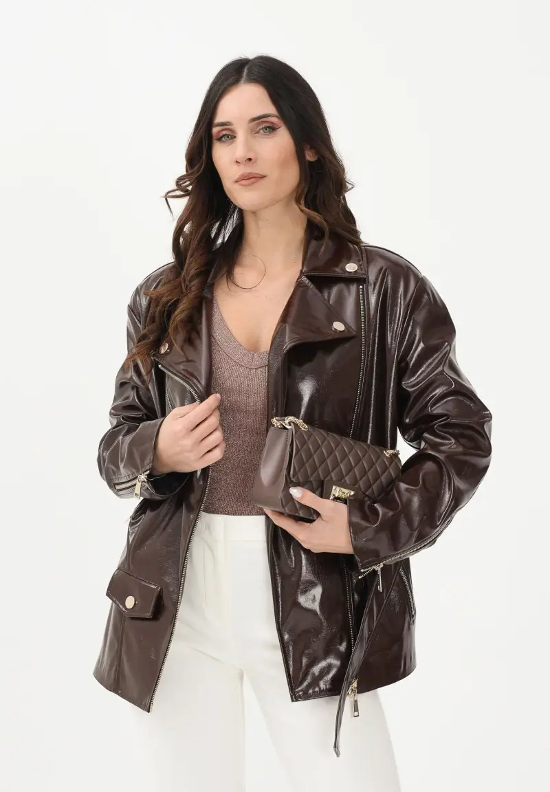 Giubbotto in ecopelle marrone scuro da donna miniatura 2