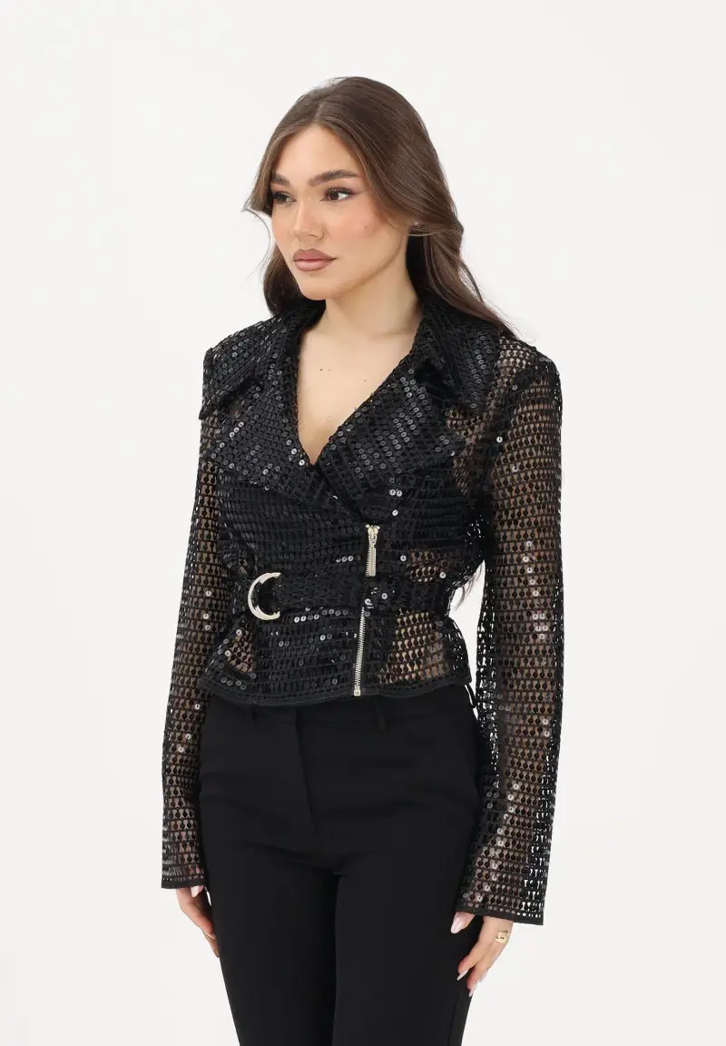 Giubbotto nero da donna interamente ricoperto di paillettes