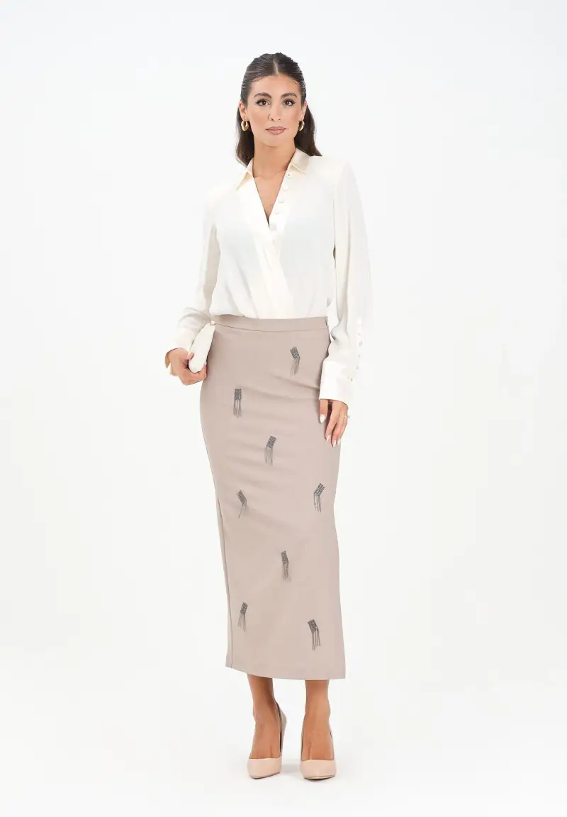 Gonna midi beige da donna con applicazioni gioiello miniatura 2
