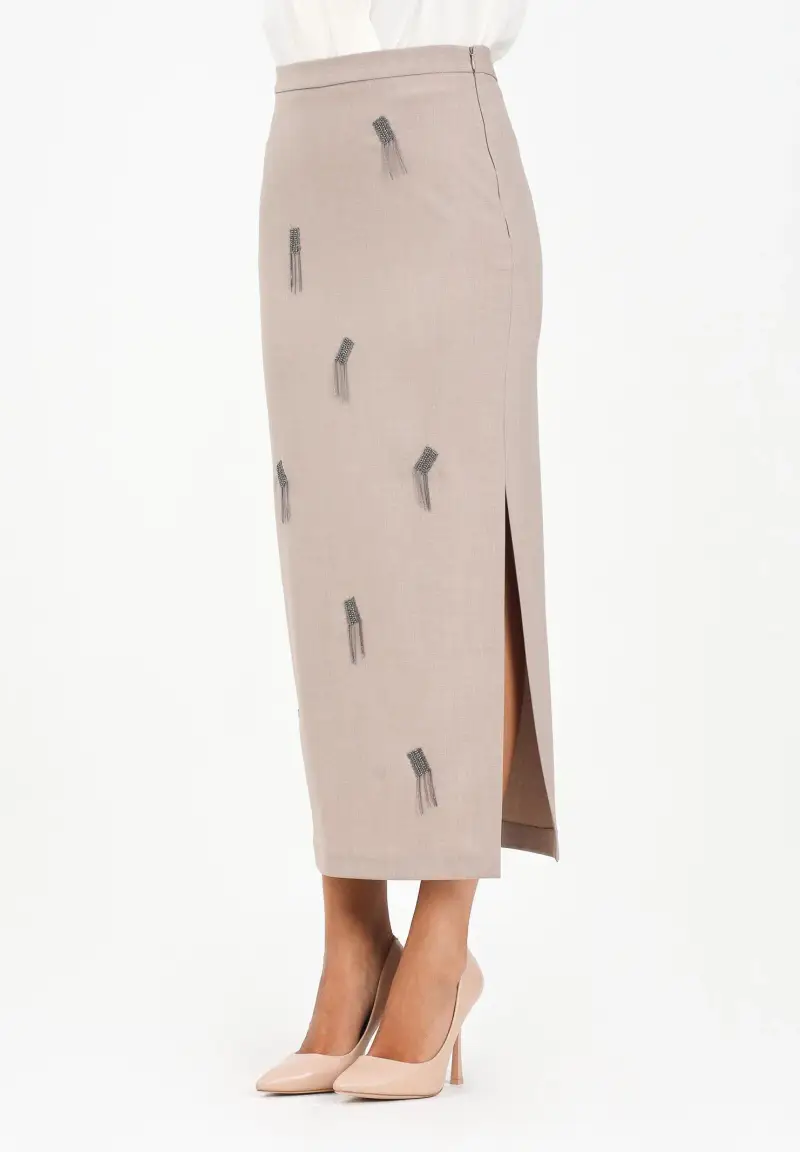 Gonna midi beige da donna con applicazioni gioiello