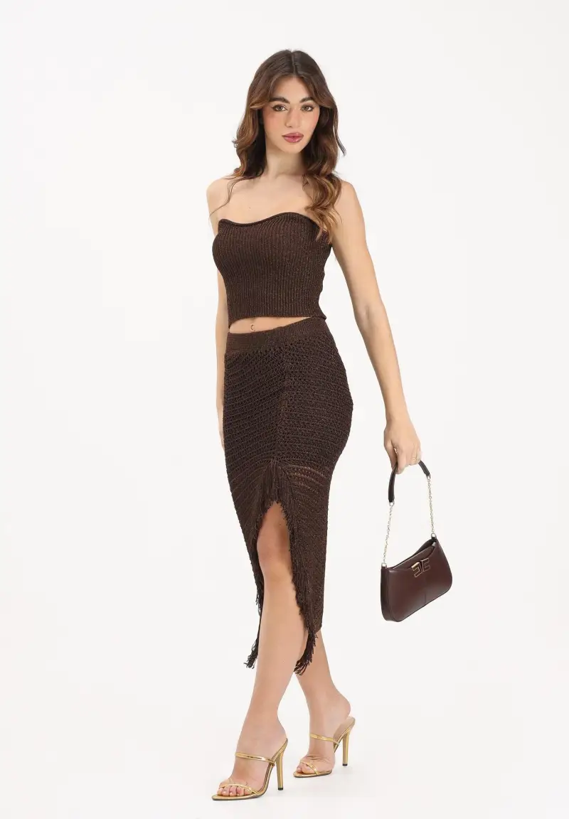 Gonna midi in maglia crochet marrone da donna miniatura 2