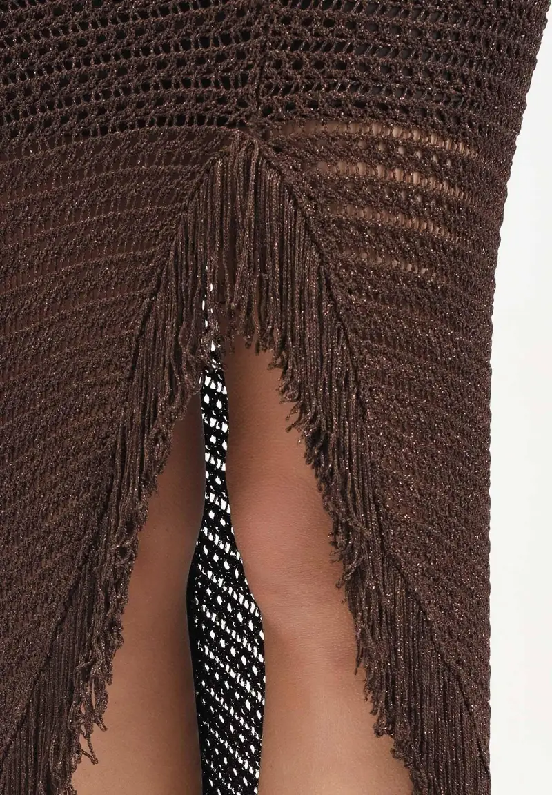Gonna midi in maglia crochet marrone da donna miniatura 3