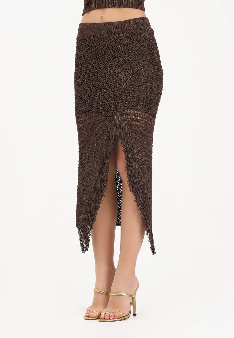 Gonna midi in maglia crochet marrone da donna