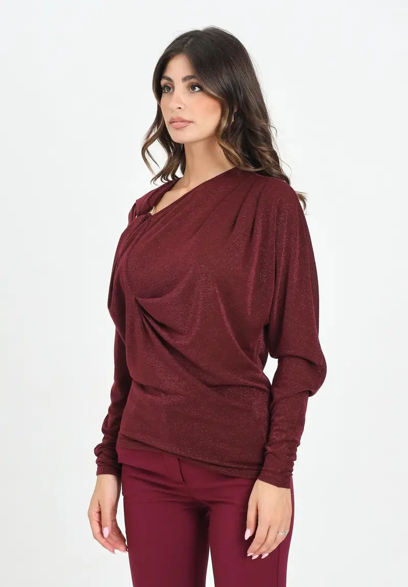 SIMONA CORSELLINI Maglia a manica lunga in tessuto lurex bordeaux da donna con anello metallico
