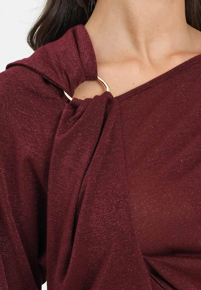 SIMONA CORSELLINI Maglia a manica lunga in tessuto lurex bordeaux da donna con anello metallico miniatura 2