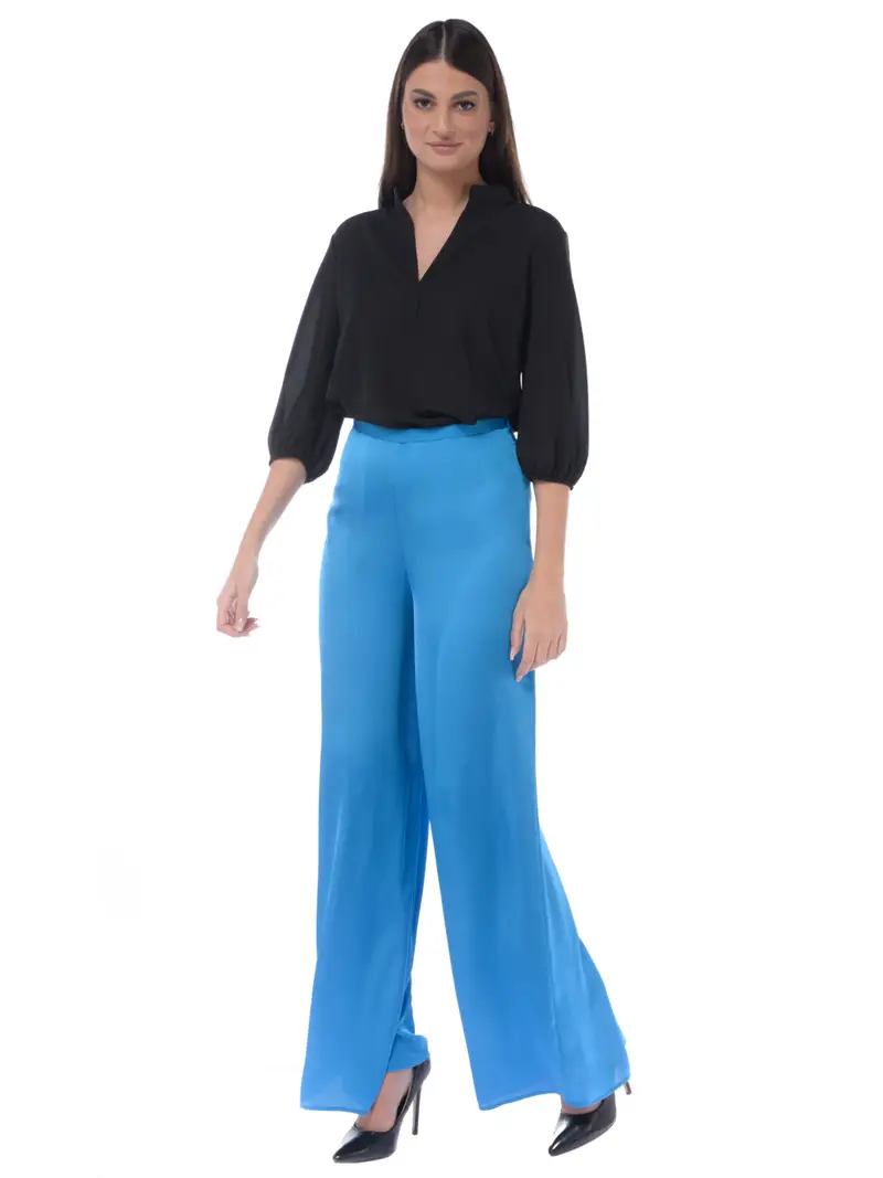 pantalone da donna a palazzo in raso TURCHESE miniatura 2