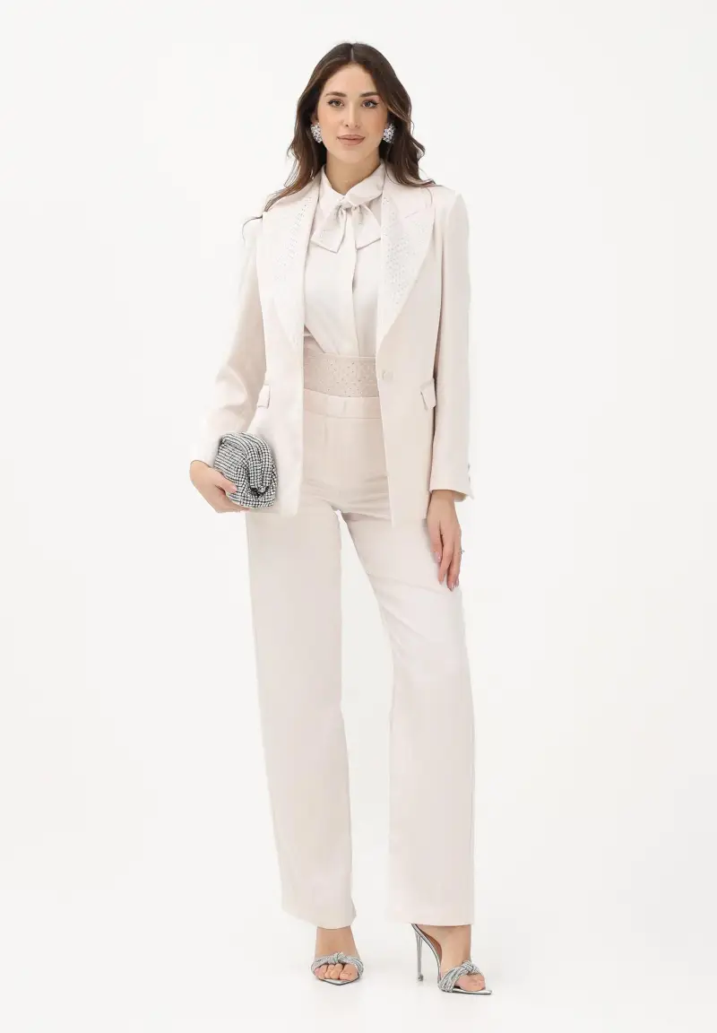 Pantalone elegante avorio da donna con fascione in strass miniatura 2