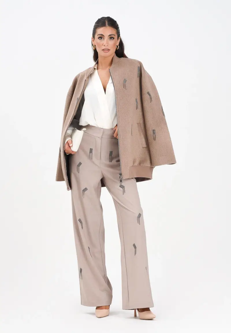 Pantalone elegante beige da donna con applicazioni gioiello miniatura 2