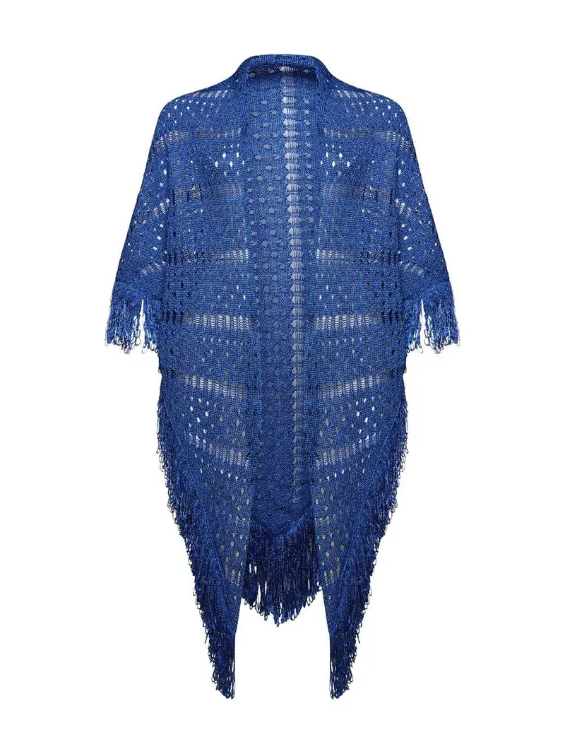 Scialle blu in lurex maxi frange miniatura 3