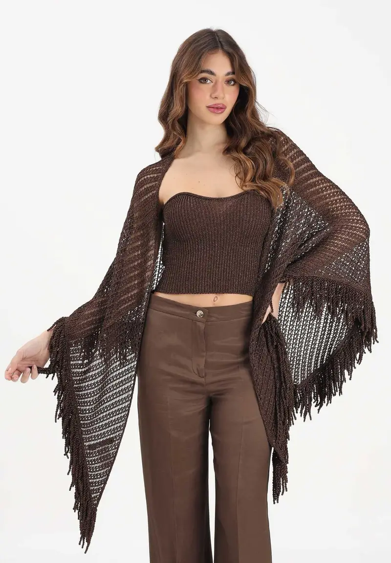 Stola cacao da donna in maglia crochet miniatura 2