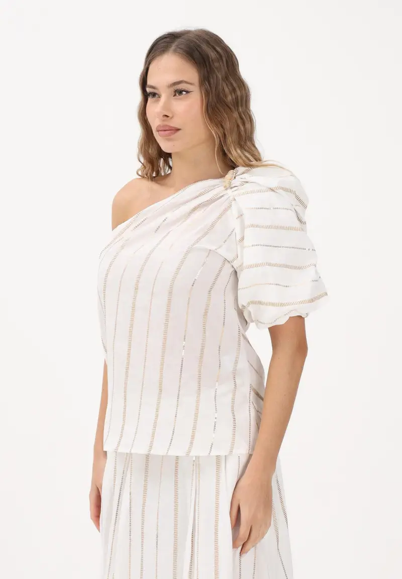 Top monospalla bianco da donna con delicate righe verticali con filo lurex
