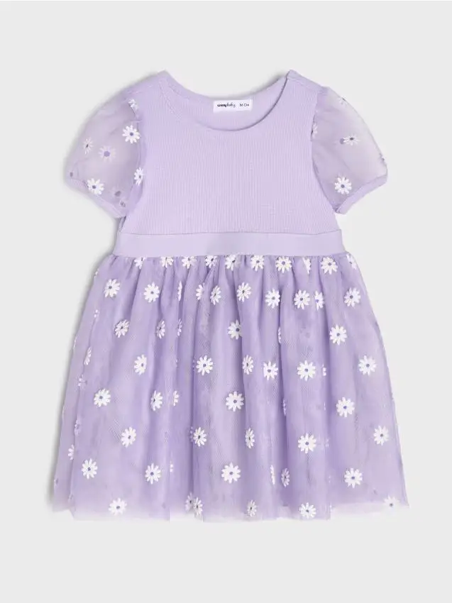 Abito a righe con gonna di tulle e fiori ricamati - lavanda