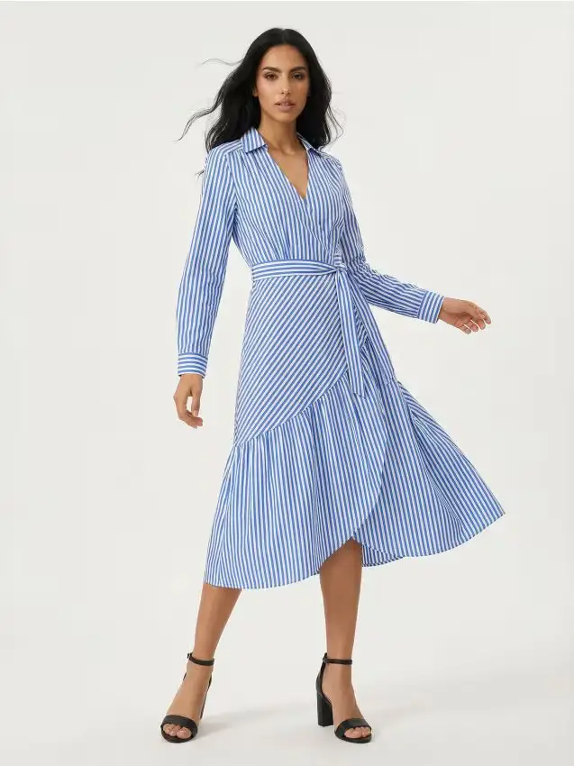 Abito camicia a righe con cintura in vita - multicolor