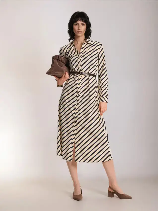 Abito camicia con cintura in vita e cotone - multicolor