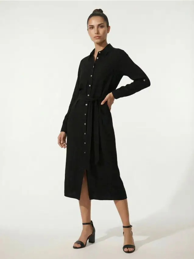 Abito camicia in viscosa con mix di lino - nero