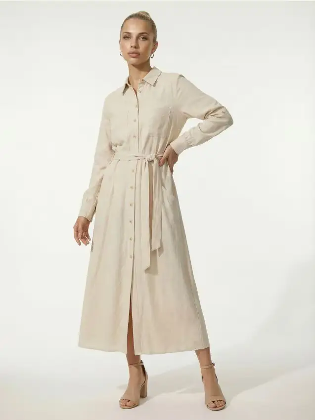 Abito camicia in viscosa con mix di lino - nude