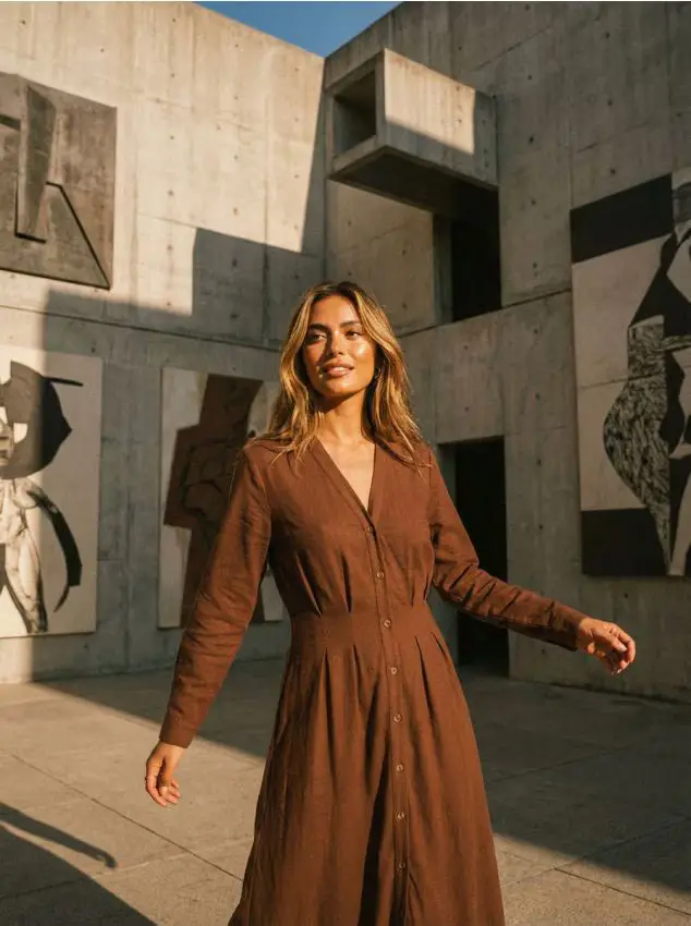 Abito camicia midi in viscosa con misto lino - marrone scuro