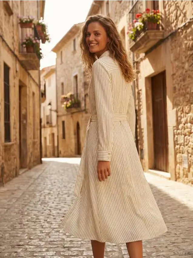 Abito camicia midi in viscosa con misto lino - nude