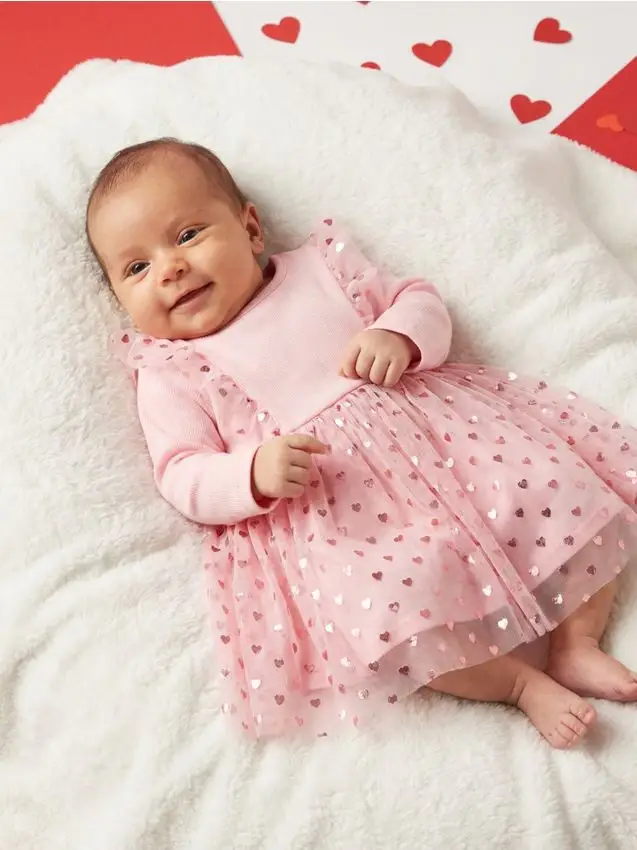 Abito con gonna in tulle con cuoricini - rosa pastello