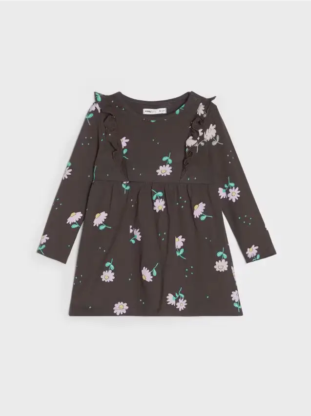 Abito in cotone a maniche lunghe con volant e motivo floreale - marrone scuro
