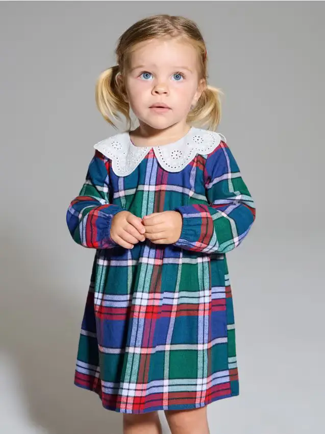 Abito in cotone a quadri con colletto ricamato - multicolor