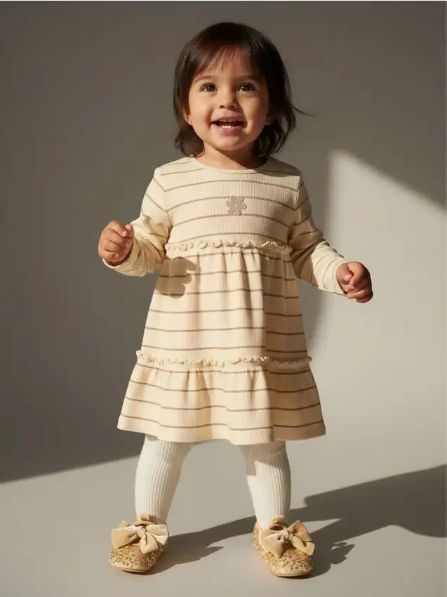 Abito in cotone a righe in maglia elasticizzata - panna