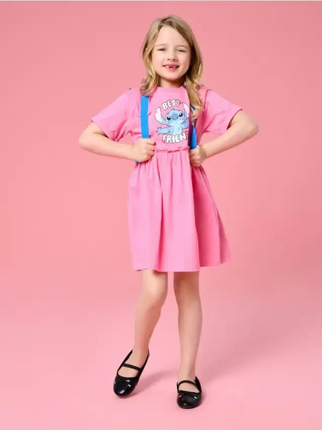 Abito in cotone con stampa Stitch - rosa shocking