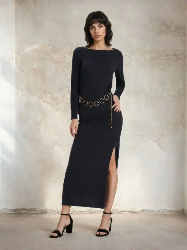 Abito maxi a coste con cintura ad anelli - steel blue