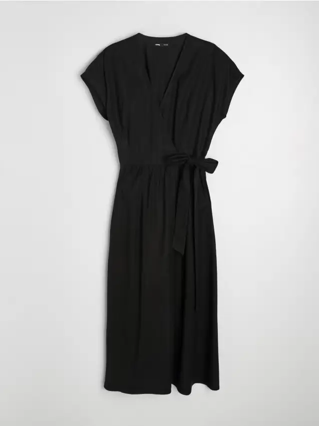 Abito maxi a portafoglio con viscosa e misto lino - nero