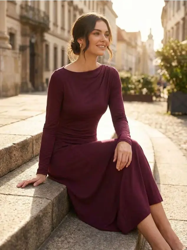 Abito maxi con drappeggio e viscosa - maroon