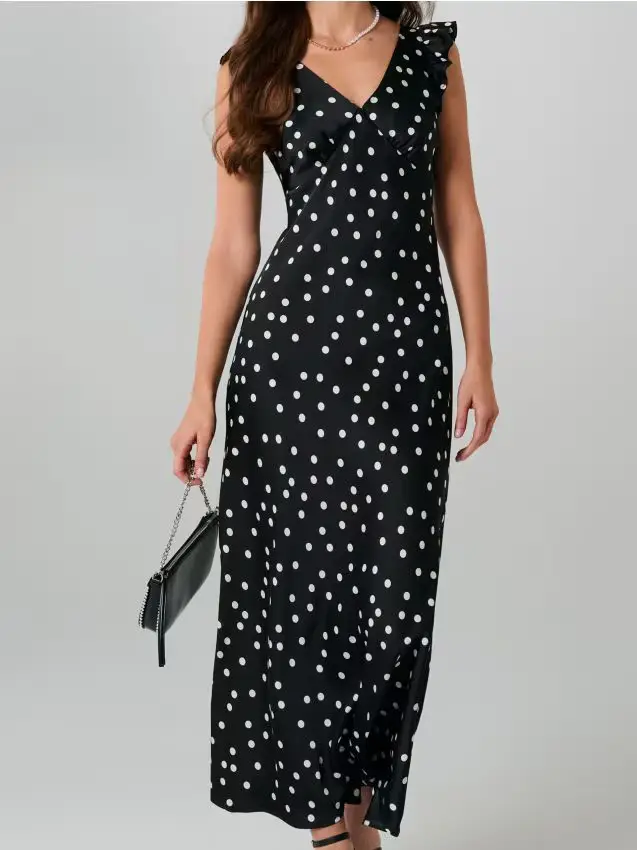 Abito midi a pois con rouches - nero