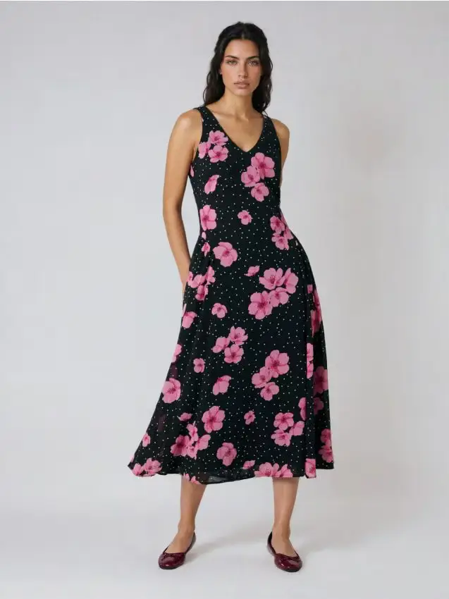 Abito midi a pois con stampa floreale - multicolor