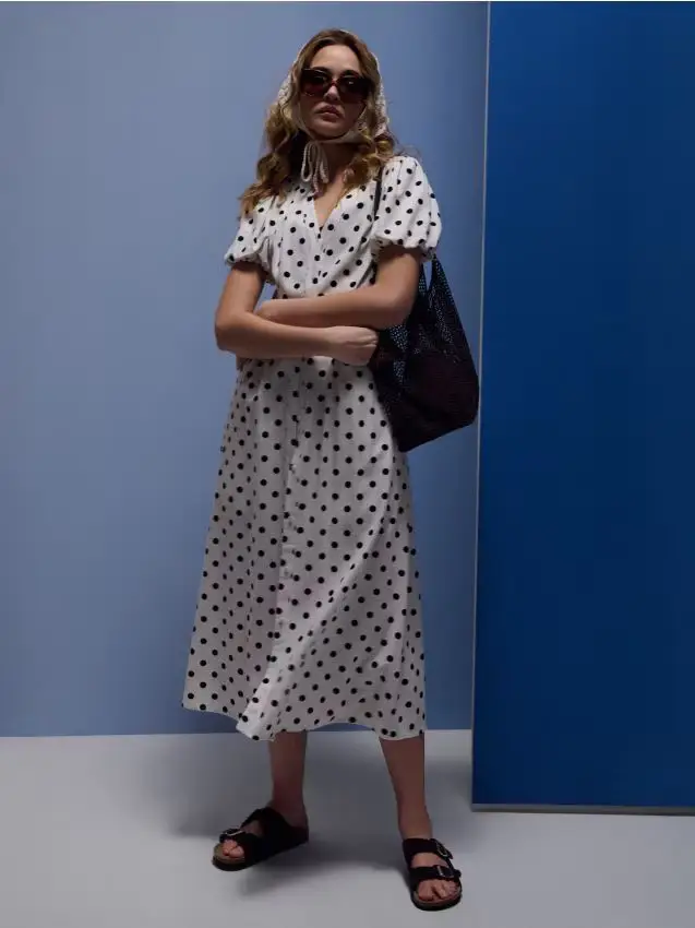 Abito midi a pois con viscosa e misto lino - multicolor