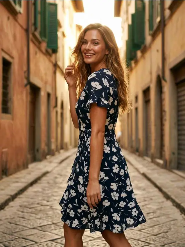 Abito midi a portafoglio con stampa floreale - nero